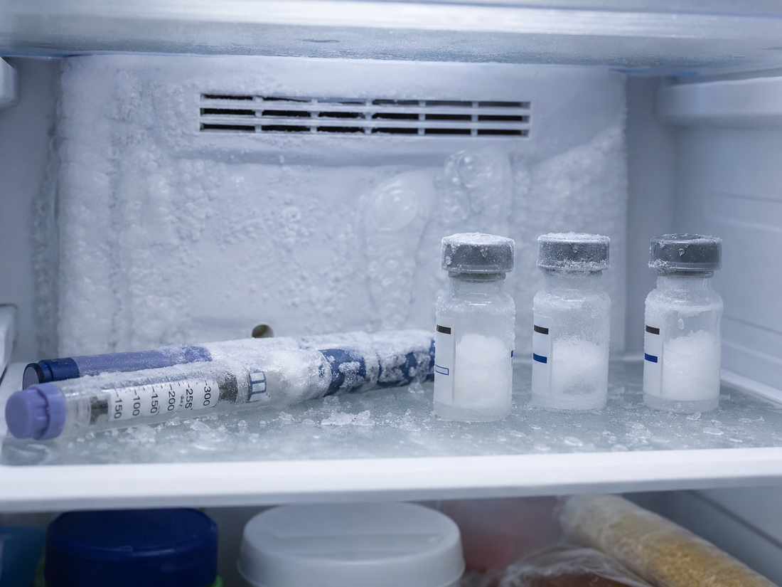 insulin vials and peptide vials and pens being frozen in the fridge
