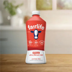 Fairlife whole ultra-filtered lactose-free milk bottle on wooden countertop