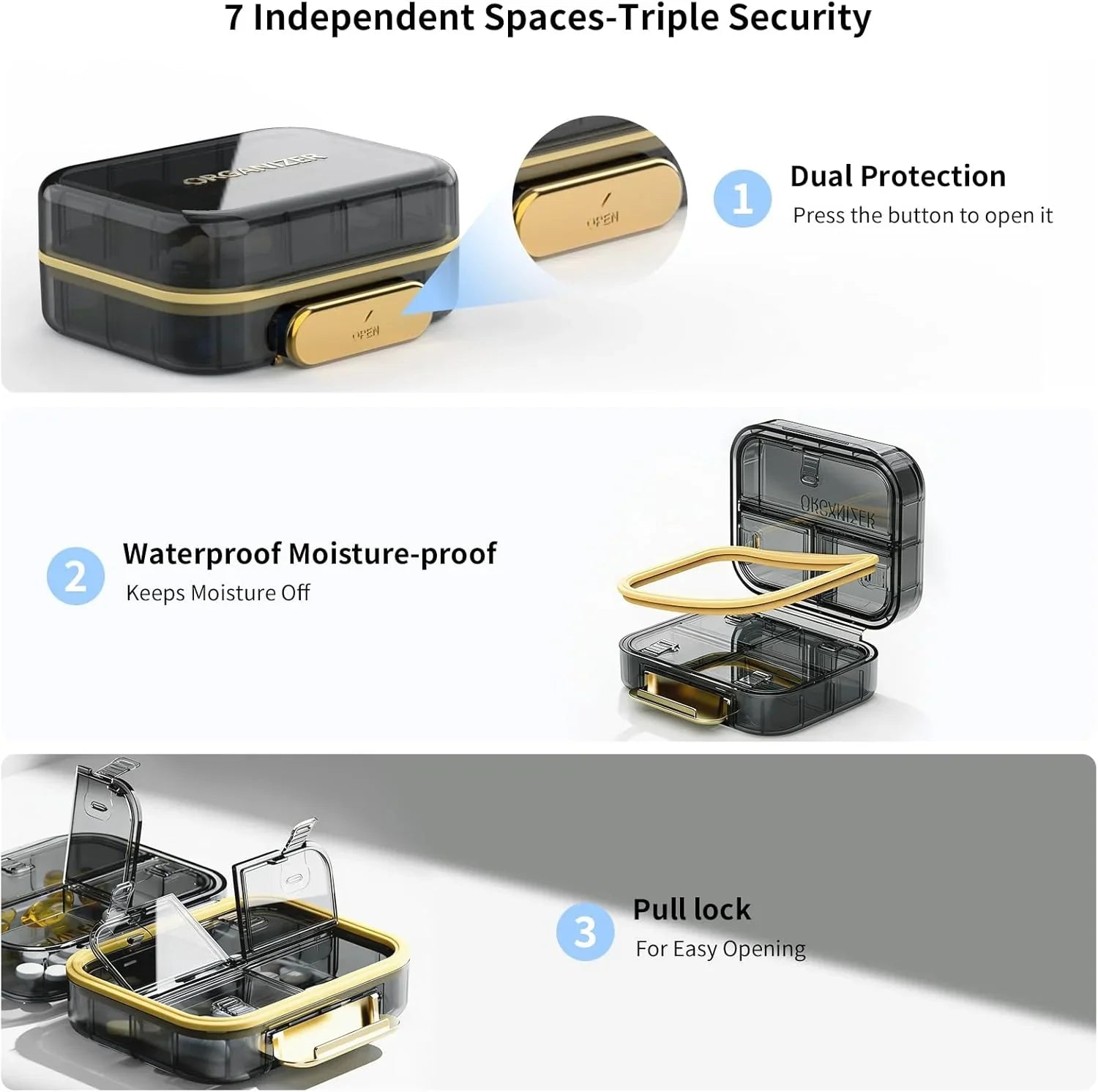Black and gold pill organizer with 7 compartments, waterproof, dual lock, and pull-open design for secure storage