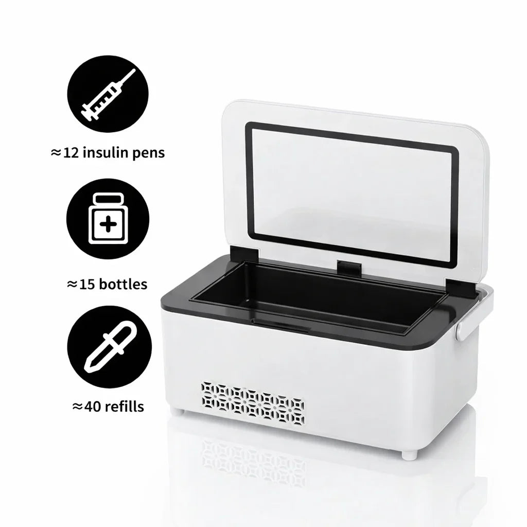 Portable medical cooler for insulin pens, vials, and refills with capacity indicators