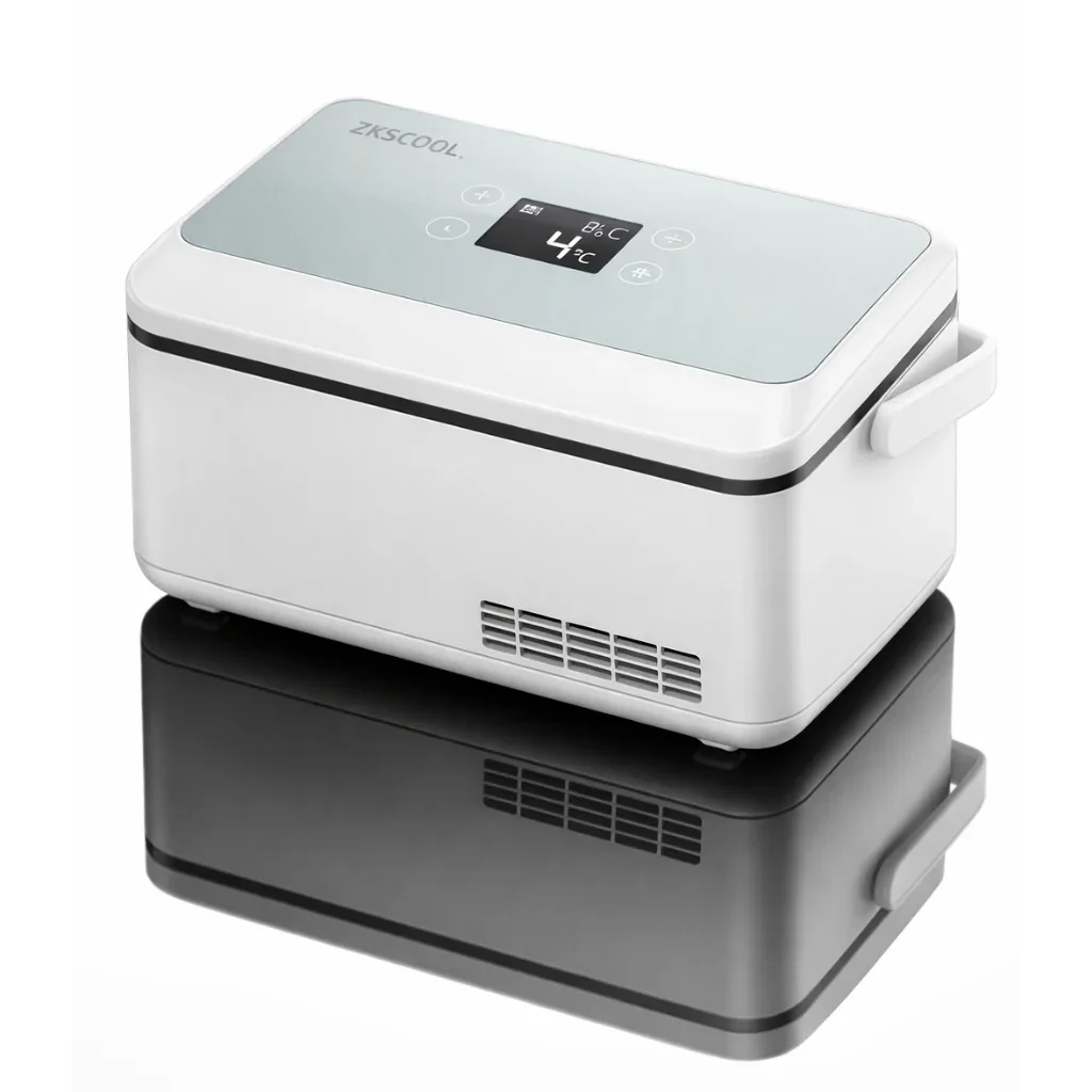Portable insulin cooler with digital display showing 4°C, ideal for GLP-1 and biologics storage
