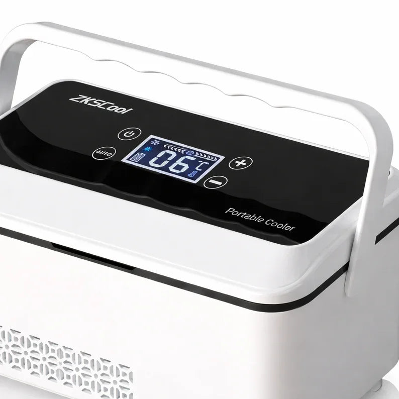 ZKSCool portable cooler with digital display showing 6°C, ideal for insulin and GLP-1 storage