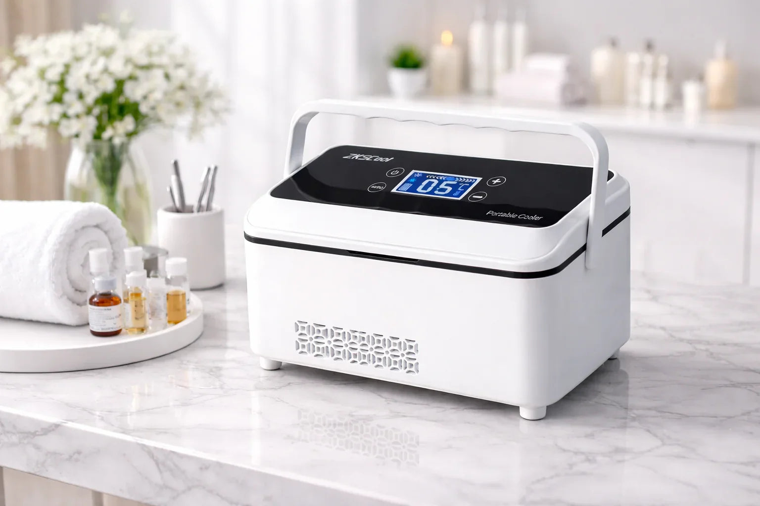 Portable insulin cooler with digital display, maintaining 2–20°C for GLP-1 and biologics on marble countertop