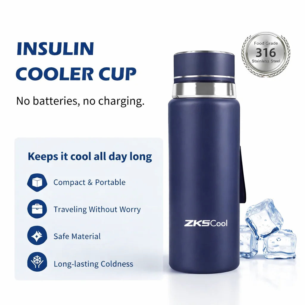 ZKSCool insulin cooler cup, portable 316 stainless steel travel case for GLP-1, no batteries needed
