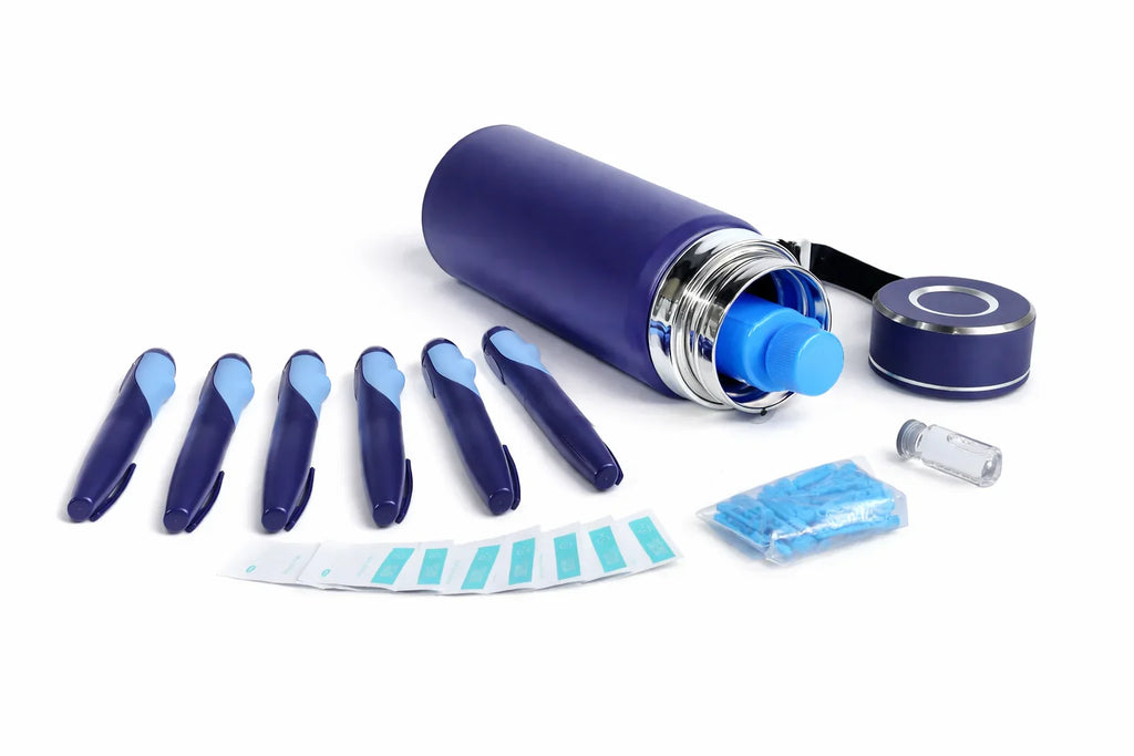 Blue insulin cooler with GLP-1 pens, vials, and accessories for portable cold-chain storage