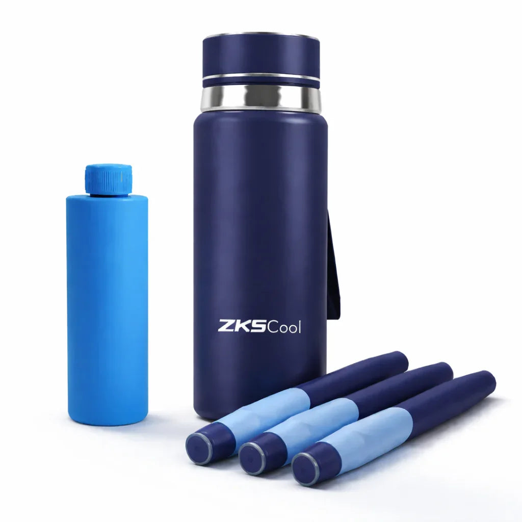 ZKSCool insulin cooler with blue vial and injectors, maintains 2–20°C for biologics storage