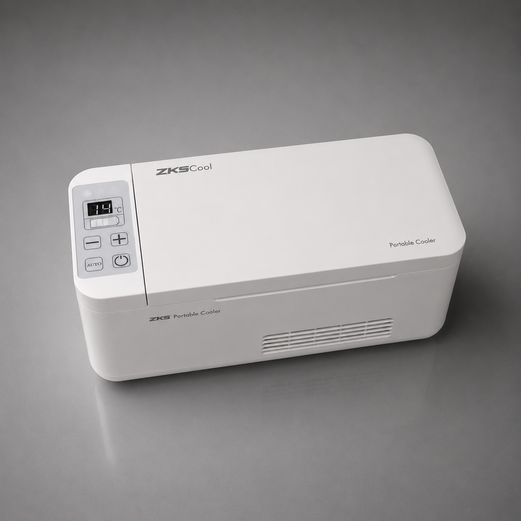 ZKS Cool portable cooler on a gray background White portable cooler with open lid on a gray background Portable cooler for temperature sensitive materials like insulin peptide and etc