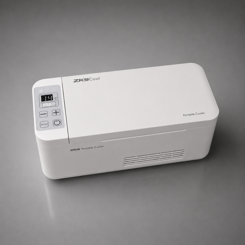 ZKS Cool portable cooler on a gray background White portable cooler with open lid on a gray background Portable cooler for temperature sensitive materials like insulin peptide and etc