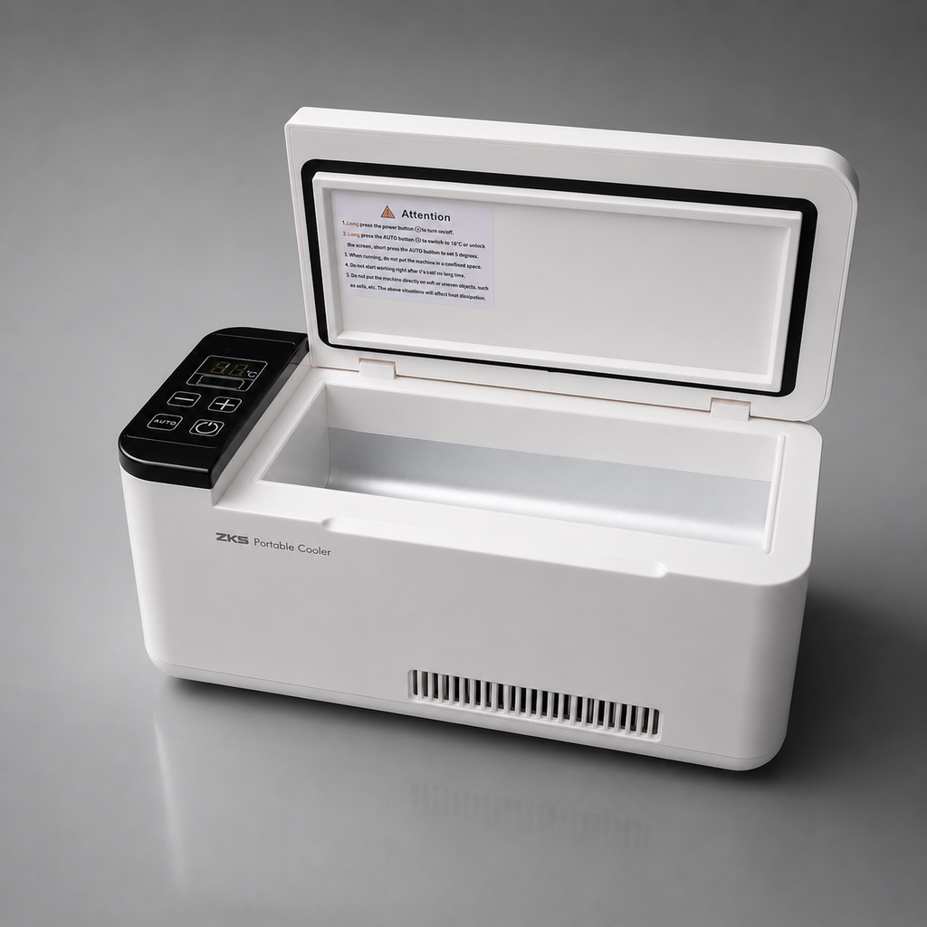 White portable cooler with open lid on a gray background portable Insulin and sensitive materials cooler